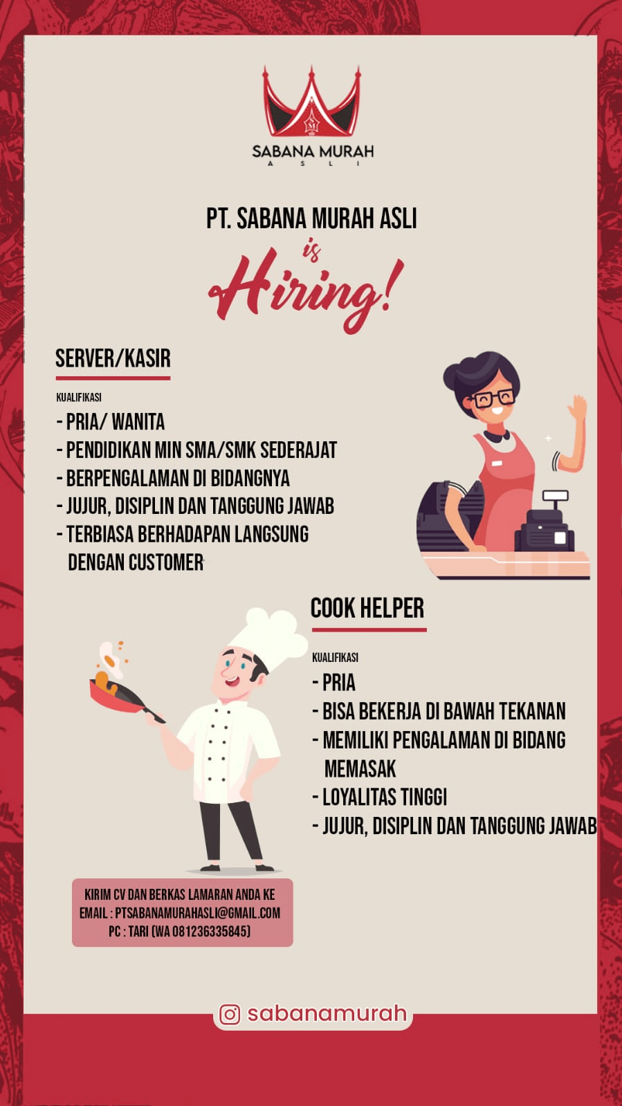 Lowongan Kerja Server Kasir Cook Helper Di PT Sabana Murah Asli