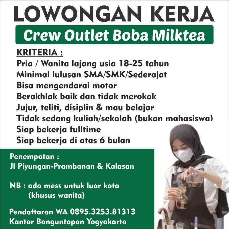 Lowongan Kerja Crew Outlet Karyawan Operasional Di Boba Milktea