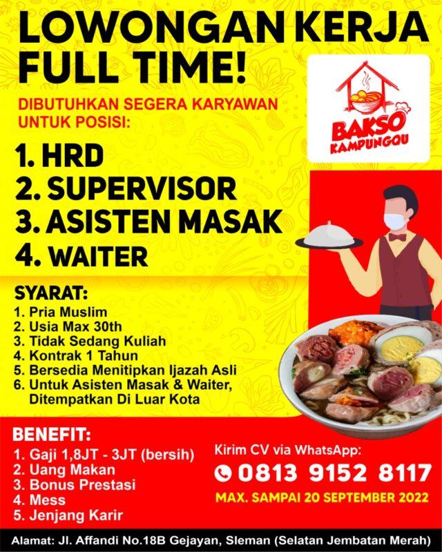 Lowongan Kerja Hrd Supervisor Asisten Masak Waiter Di Bakso