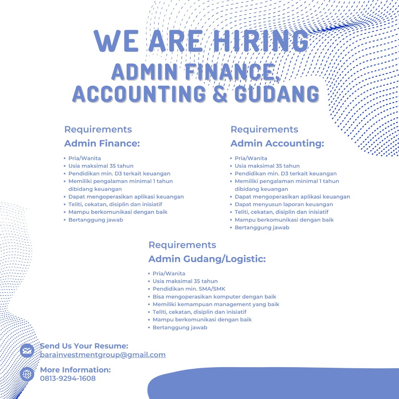 Lowongan Kerja Admin Finance Admin Accounting Admin Gudang Logistic