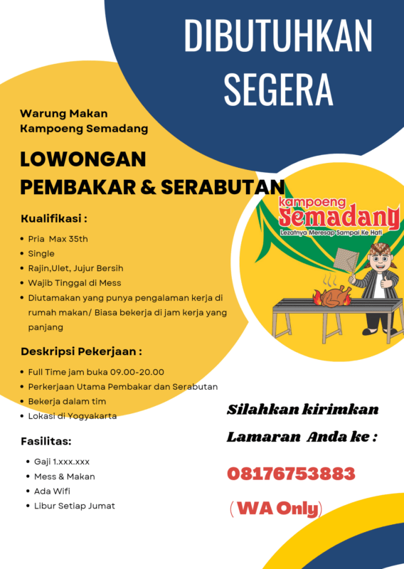 Lowongan Kerja Pembakar Dan Serabutan Di Warung Makan Kampoeng Semadang