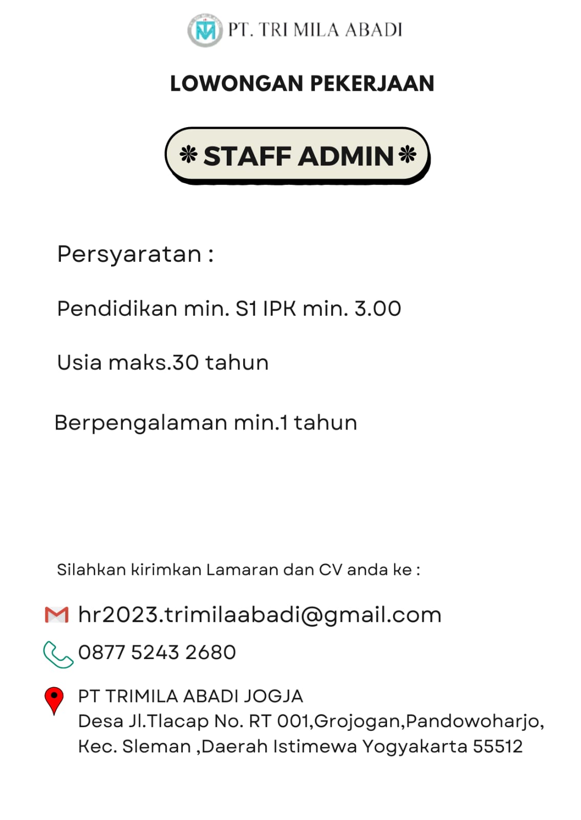 Lowongan Kerja Staff Admin Surveyor Di Pt Trimila Abadi Lokerjogja Id