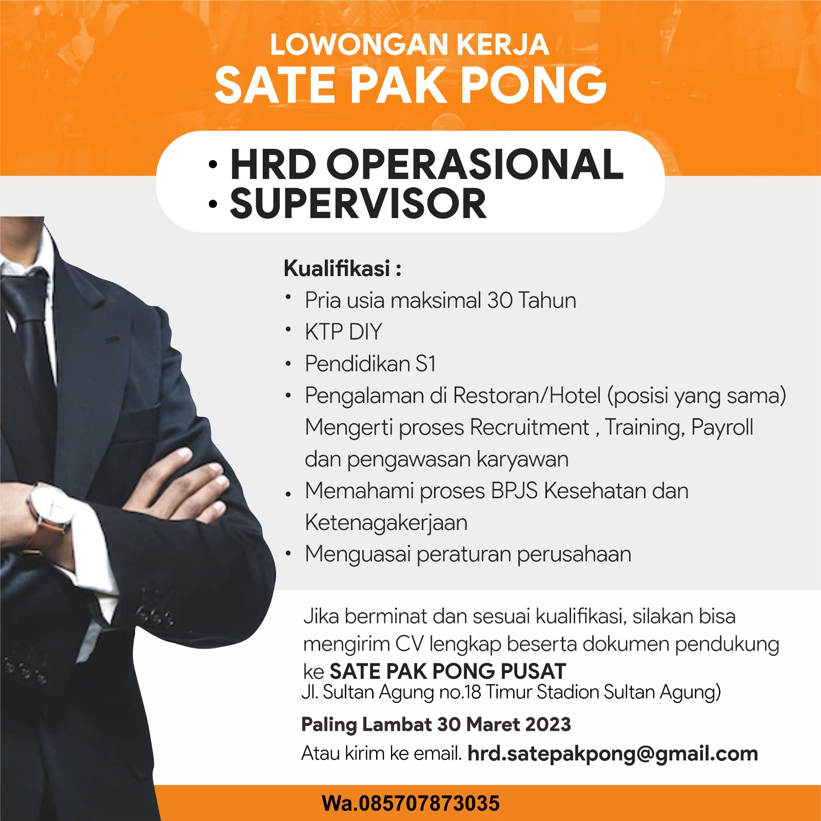 Lowongan Kerja HRD Operasional Supervisor Di Sate Pak Pong