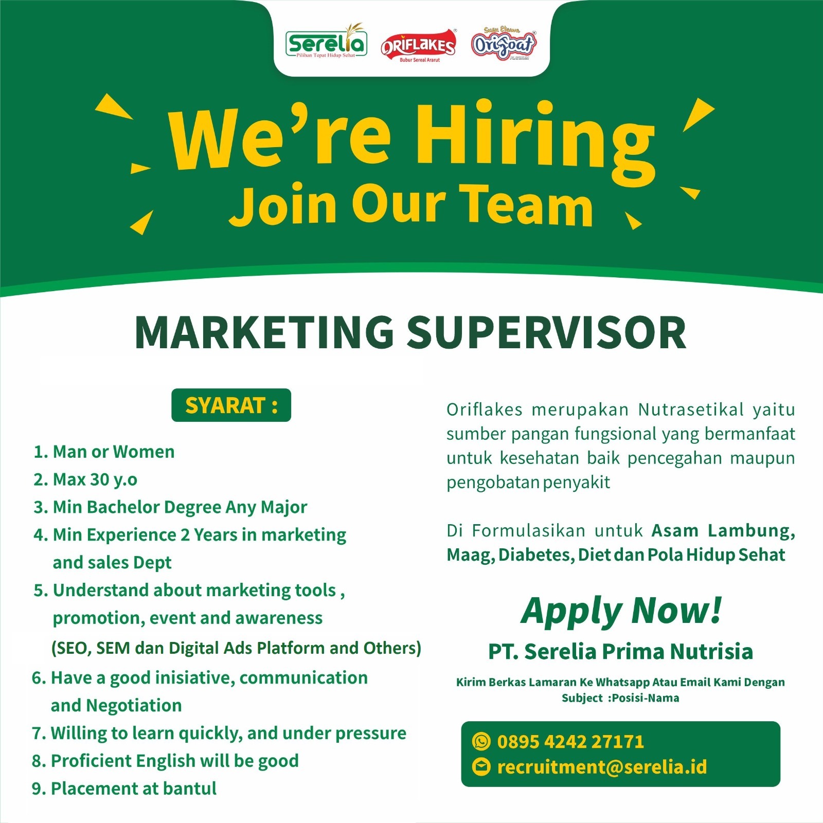 Lowongan Kerja Marketing Supervisor SPV Finance Di Serelia