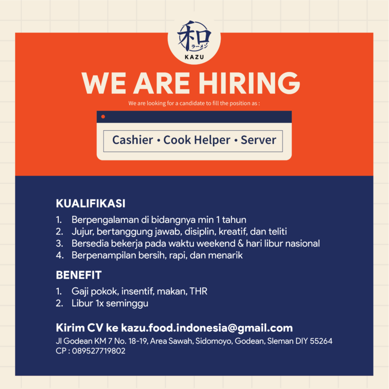 Lowongan Kerja Cashier Cook Helper Serverd Di Kazu LokerJogja ID