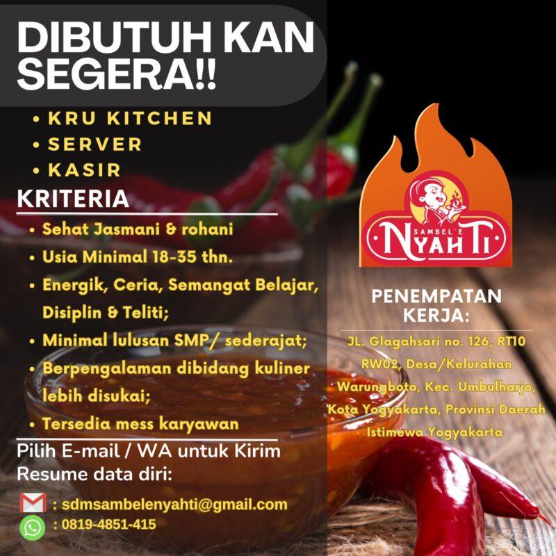 Lowongan Kerja Kru Kitchen Server Kasir Di Sambel Nyah Ti