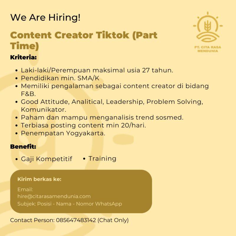 Lowongan Kerja Part Time Content Creator Tiktok Di Pt Cita Rasa