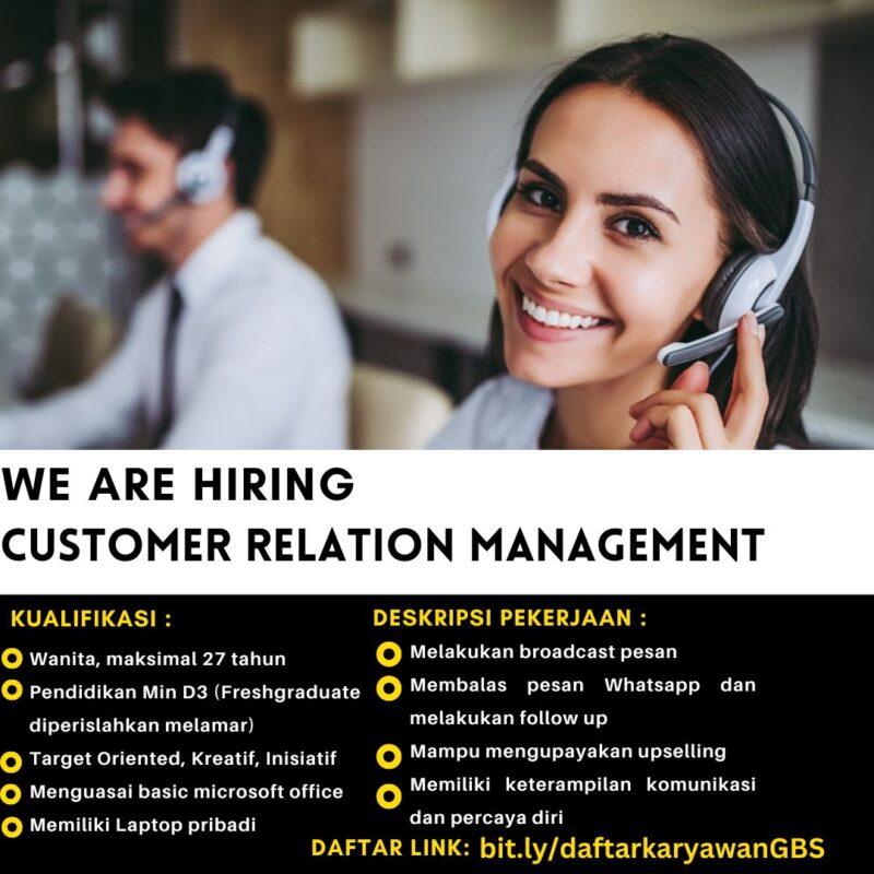 Lowongan Kerja Customer Relation Management Manager Operasional