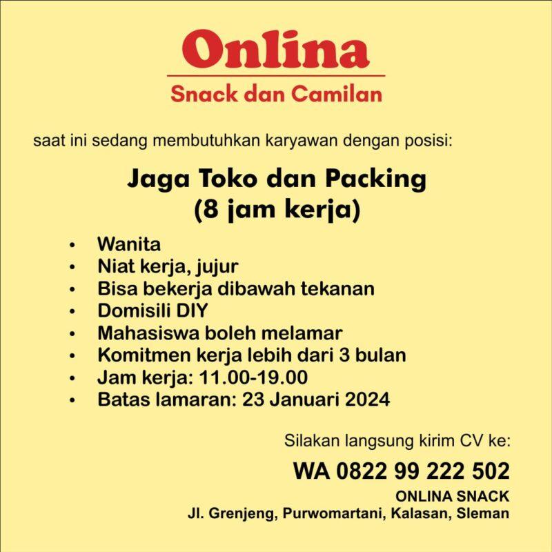 Lowongan Kerja Jaga Toko Packing Di Onlina Snack Dan Camilan