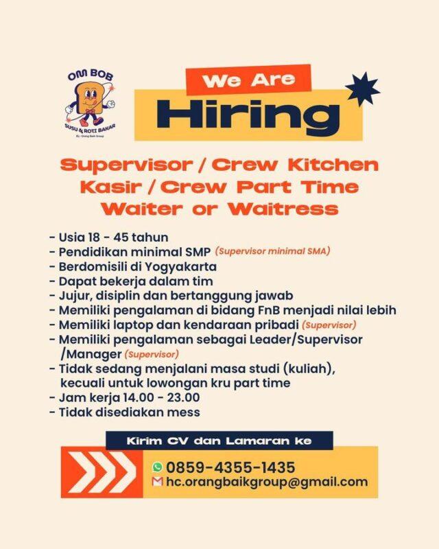 Lowongan Kerja Supervisor Crew Kitchen Kasir Crew Part Time