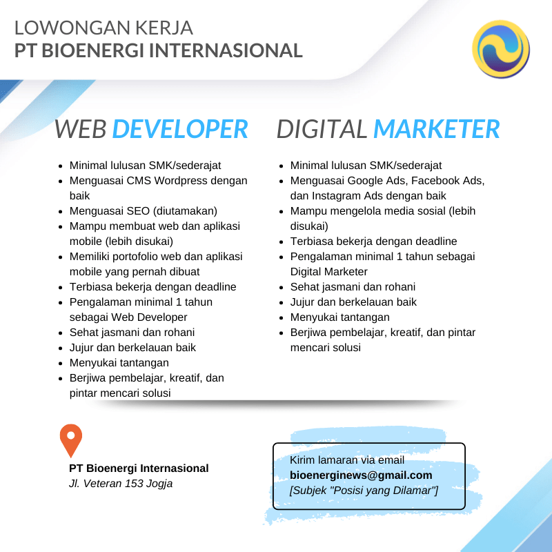 Lowongan Kerja Web Developer - Digital Marketer di PT. Bioenergi