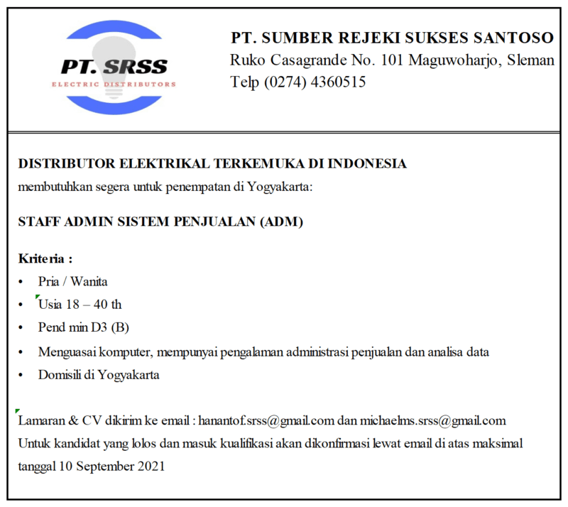 Lowongan Kerja Staff Admin Adm Di Pt Sumber Rejeki Sukses Santoso