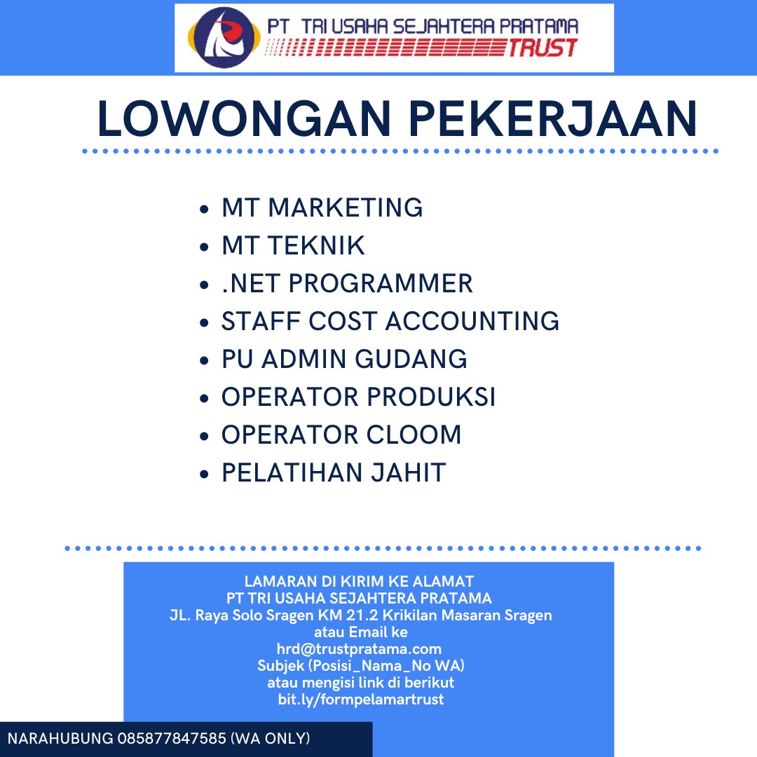 Lowongan Kerja Mt Marketing Mt Teknik Net Programming Staff Cost Accounting Operator 8245