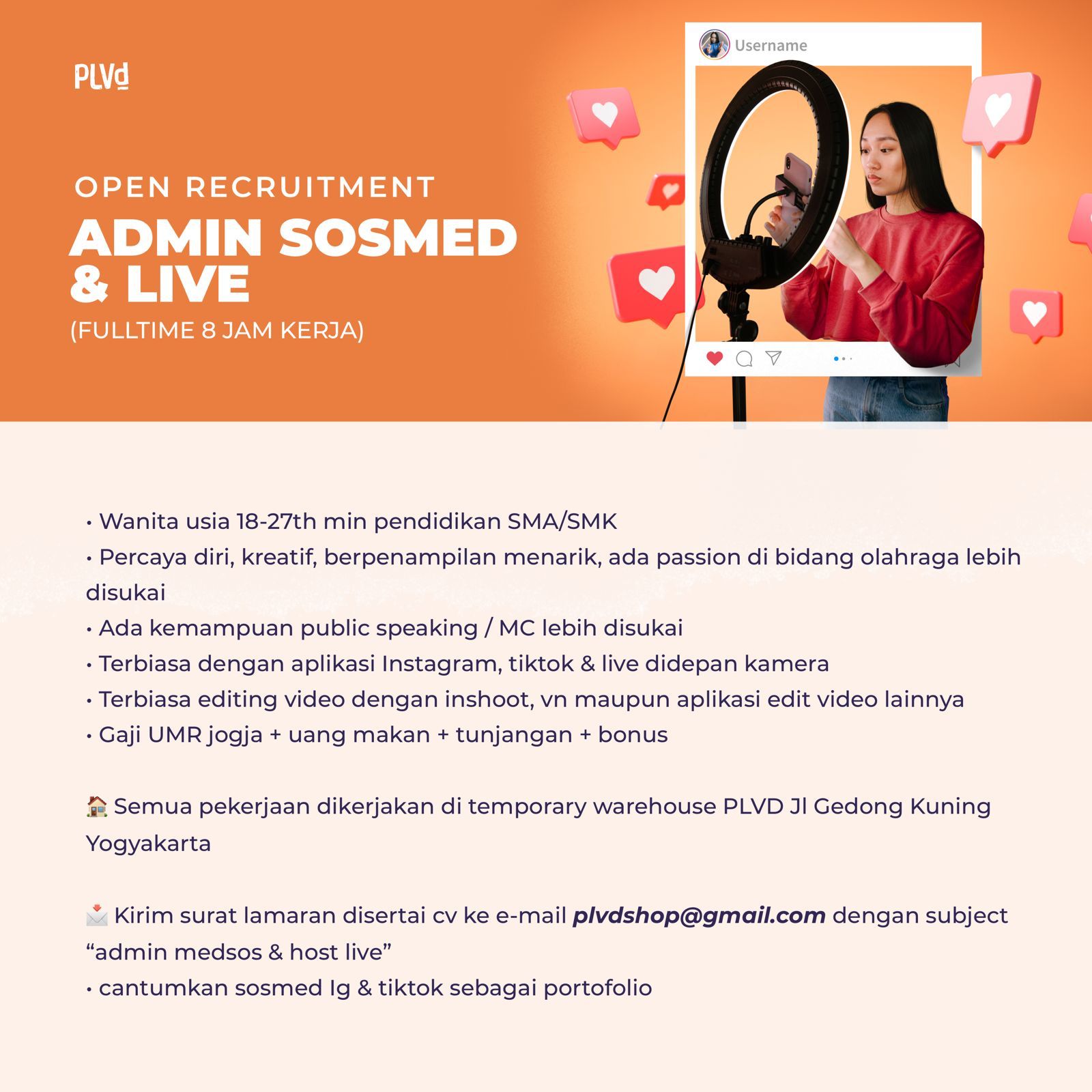 Lowongan Kerja Admin Sosmed And Live Di Plvd Lokerjogja Id