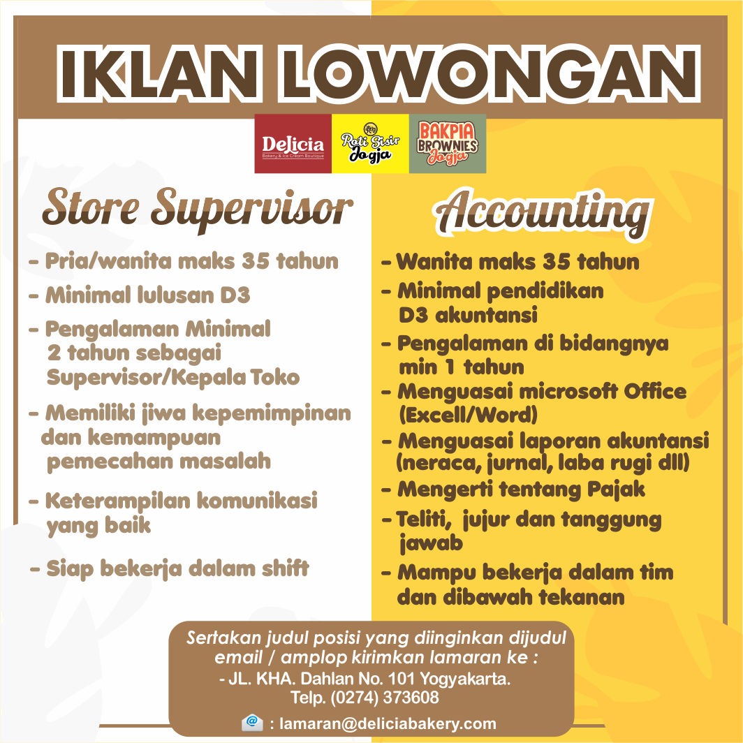 Lowongan Kerja Store Supervisor Accounting Di Delicia Bakery Jogja