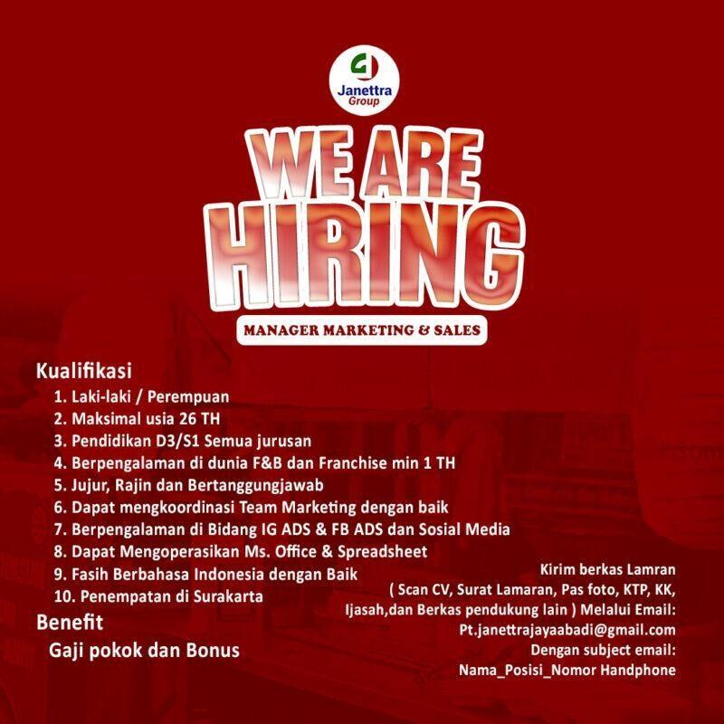 Lowongan Kerja Manager Marketing And Sales Di Pt Janettra Jaya Abadi Lokerjogjaid 5068