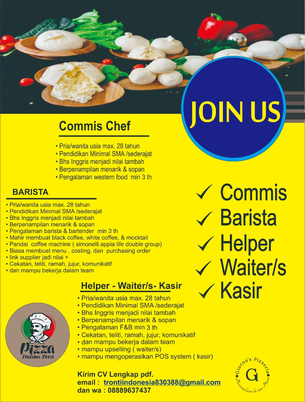 Lowongan Kerja Commis Chef - Barista - Helper - Waiters/s - Kasir Di ...