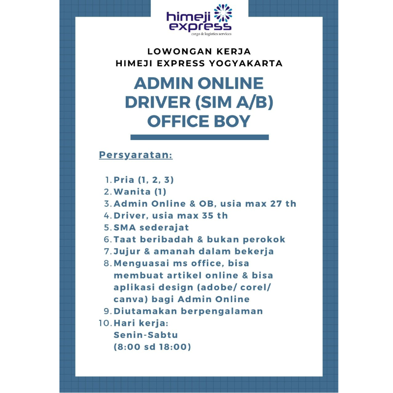 Lowongan Kerja Admin Online - Driver (SIM A/B) - Office Boy Di Himeji ...