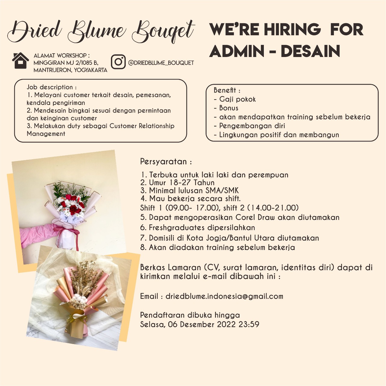 Lowongan Kerja Full Time Admin & Desain di Dried Blume Bouquet