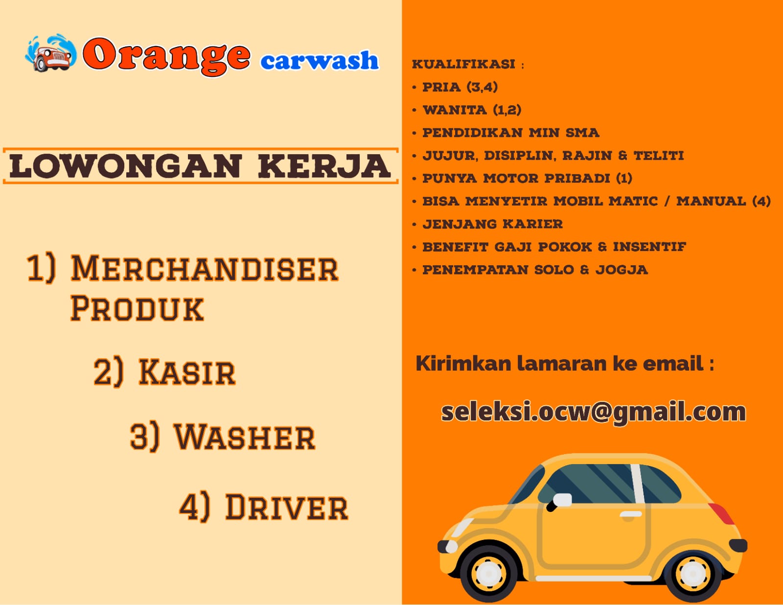 Lowongan Kerja Merchandiser Produk Kasir Washer Driver Di Orange