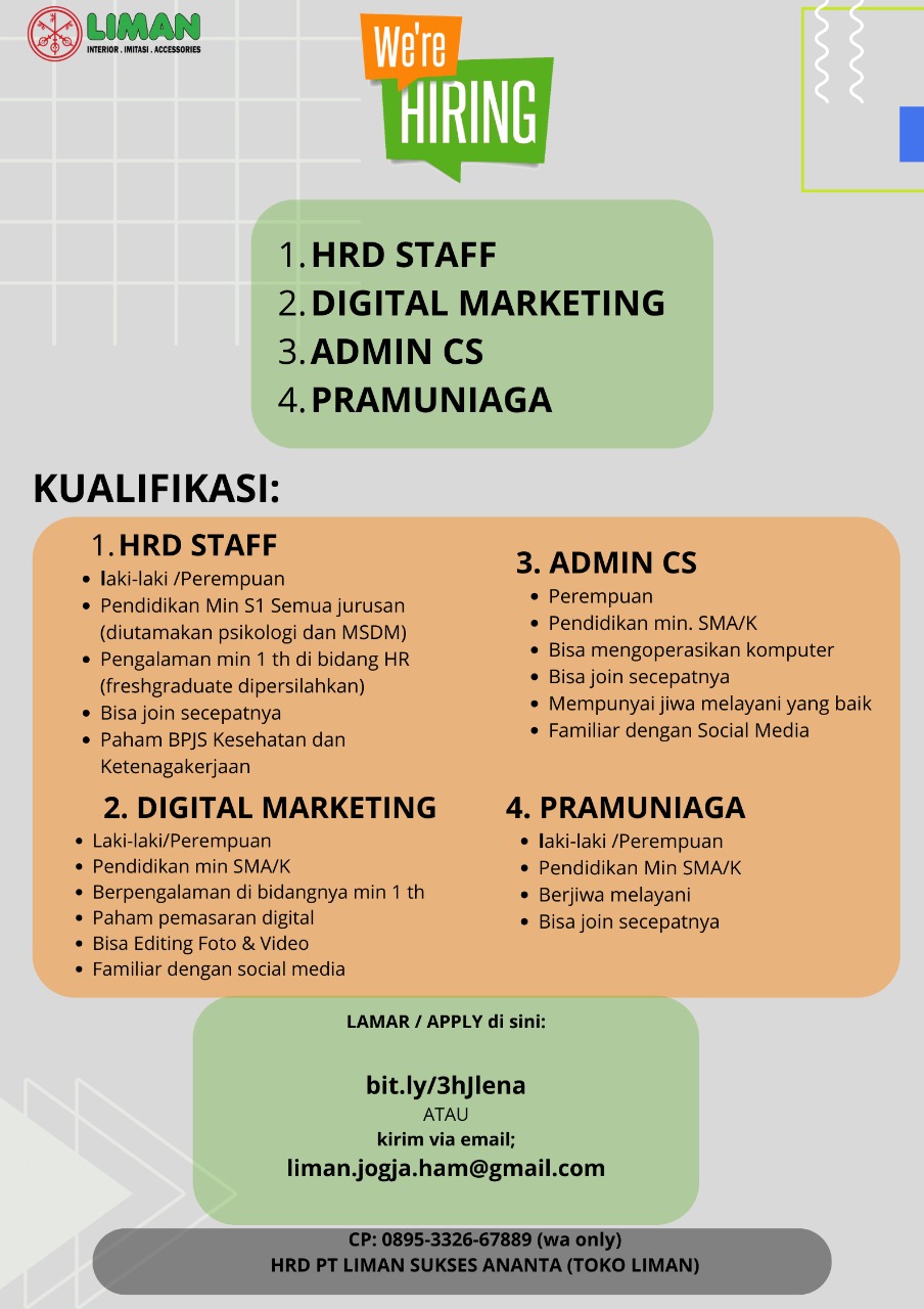 Lowongan Kerja Hrd Staff Digital Marketing Admin Cs Pramuniaga Di Pt Liman Sukses Ananta