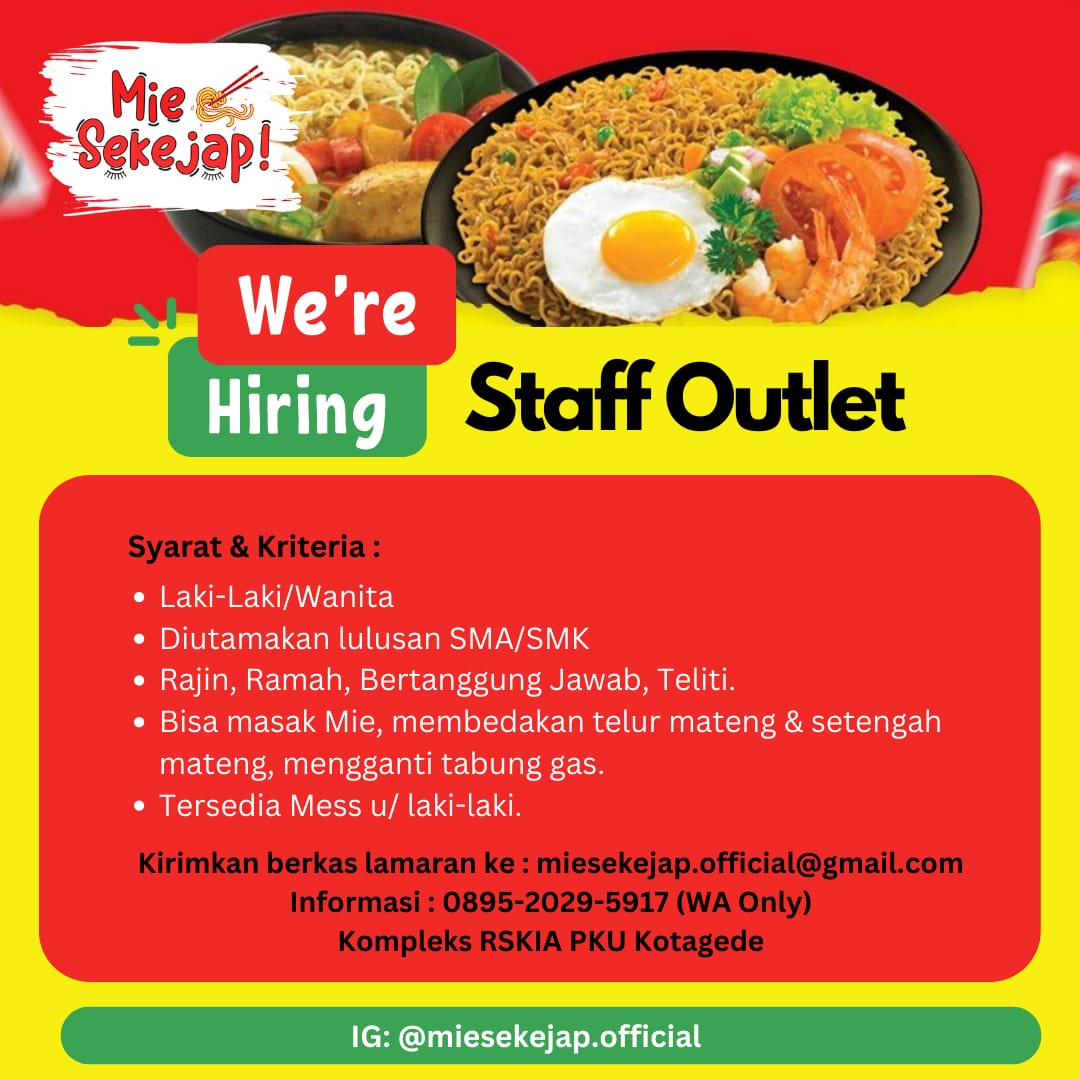 Lowongan Kerja Staff Outlet Mie Sekejap Crew Toko Kasir