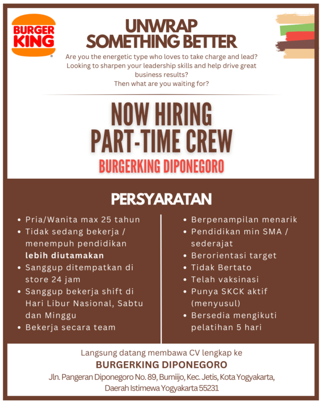 Lowongan Kerja Crew Part Time Di Burger King Diponegoro Lokerjogja Id