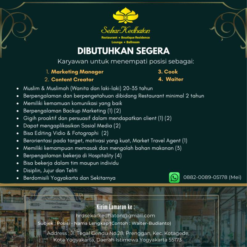 Lowongan Kerja Marketing Manager Content Creator Cook Waiter Di Sekar Kedhaton Lokerjogja Id