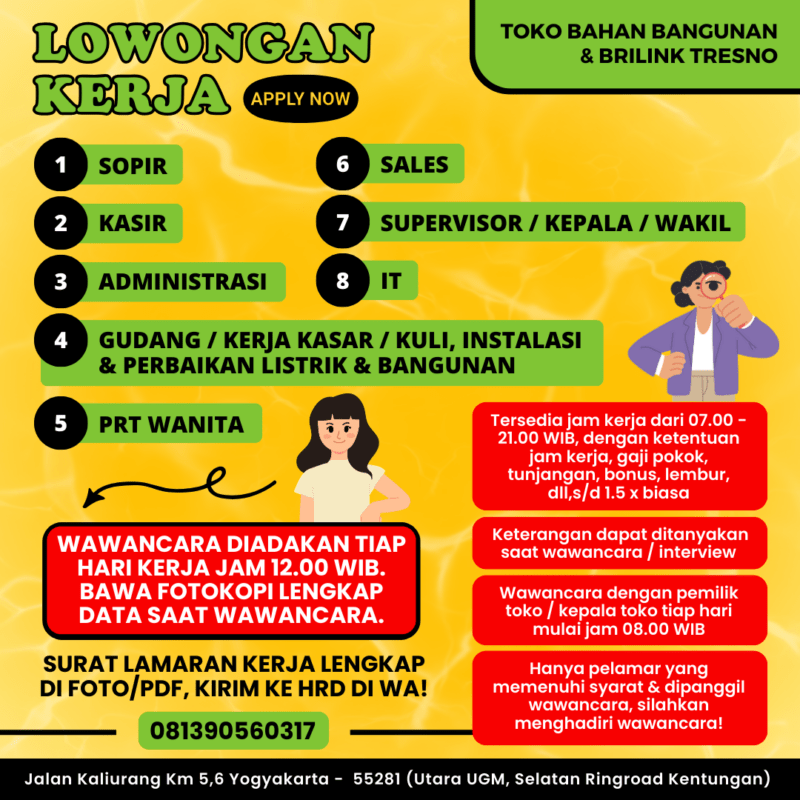 Lowongan Kerja Sopir - Kasir - Administrasi - Gudang /Kerja Kasar/Kuli ...