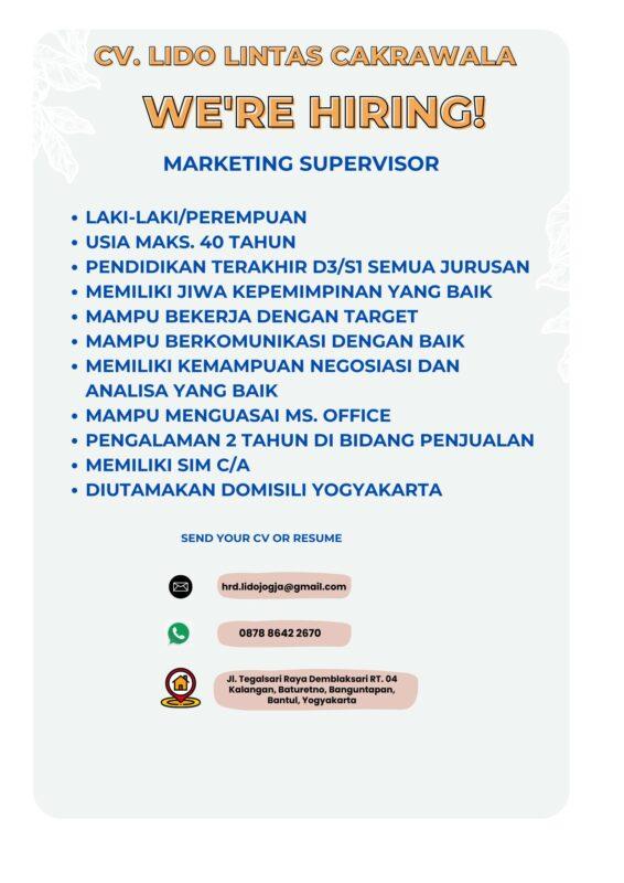 Lowongan Kerja Marketing Supervisor Sales Supervisor Sales Area Yogyakarta Di Cv Lido