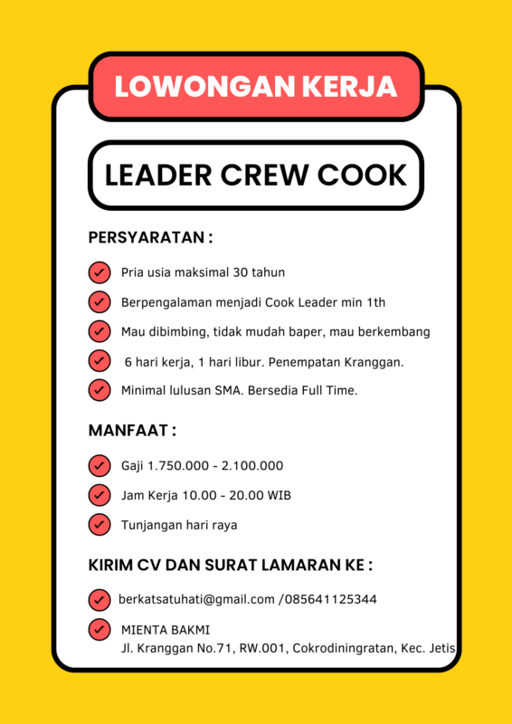 Lowongan Kerja Leader Crew Cook Server Dan Kasir Full Time Part Time