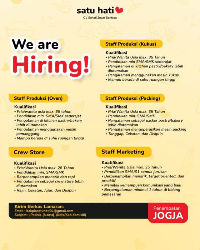 Lowongan Kerja Crew Store Staff Produksi Kukus Oven Packing Staff Marketing Di Bakpia