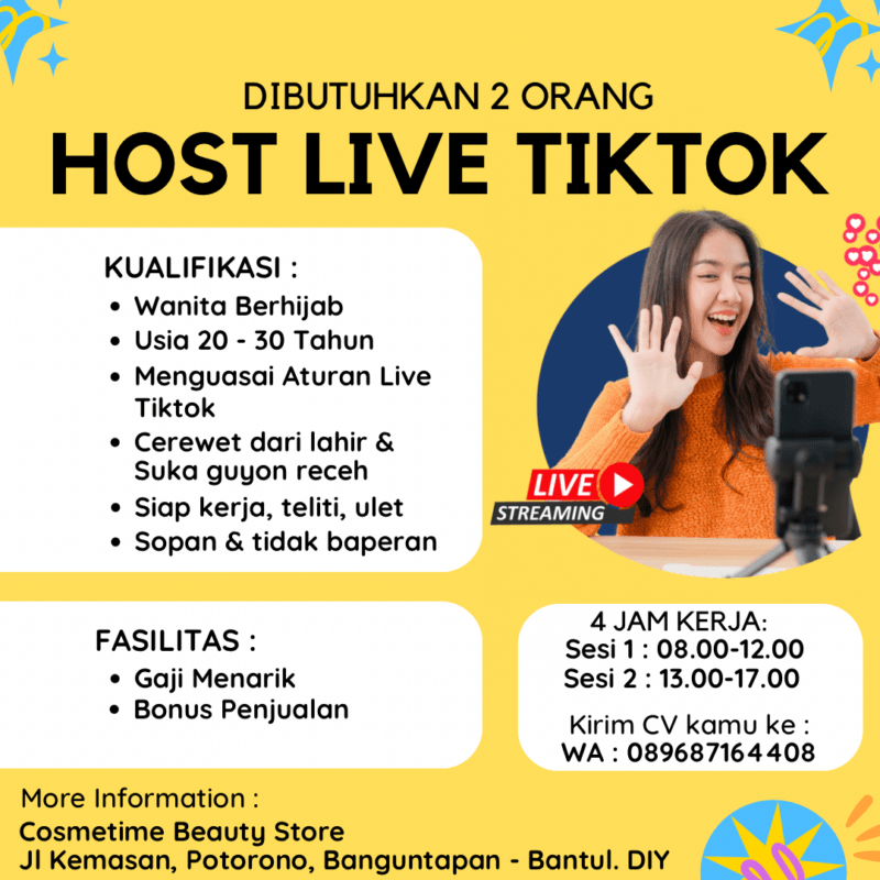 Lowongan Kerja Host Live Tiktok Orang Di Cosmetime Lokerjogja Id