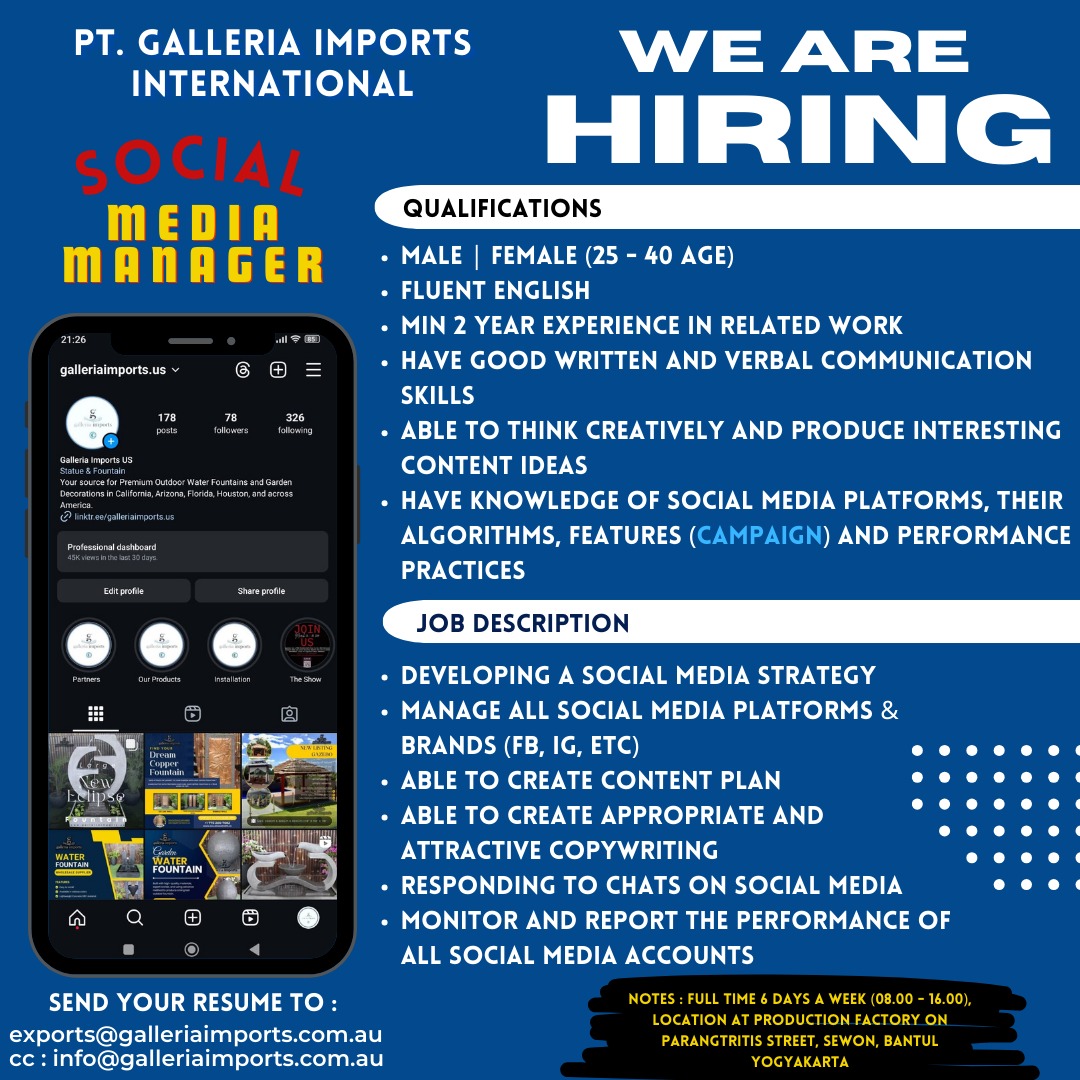 Lowongan Kerja Social Media Manager Di Pt Galleria Imports