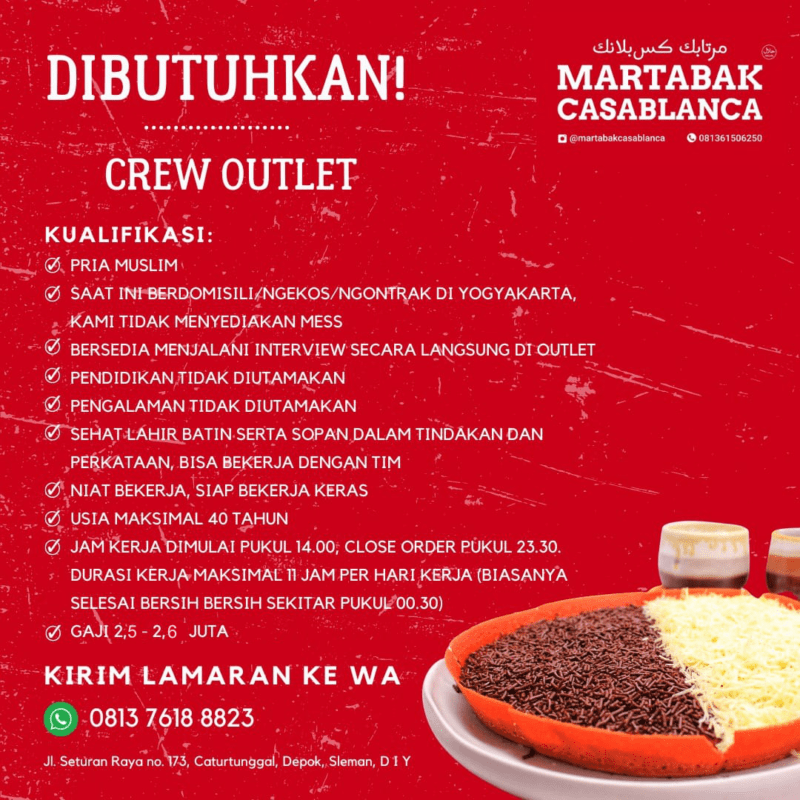 Lowongan Kerja Crew Outlet Di Martabak Casablanca Lokerjogja Id