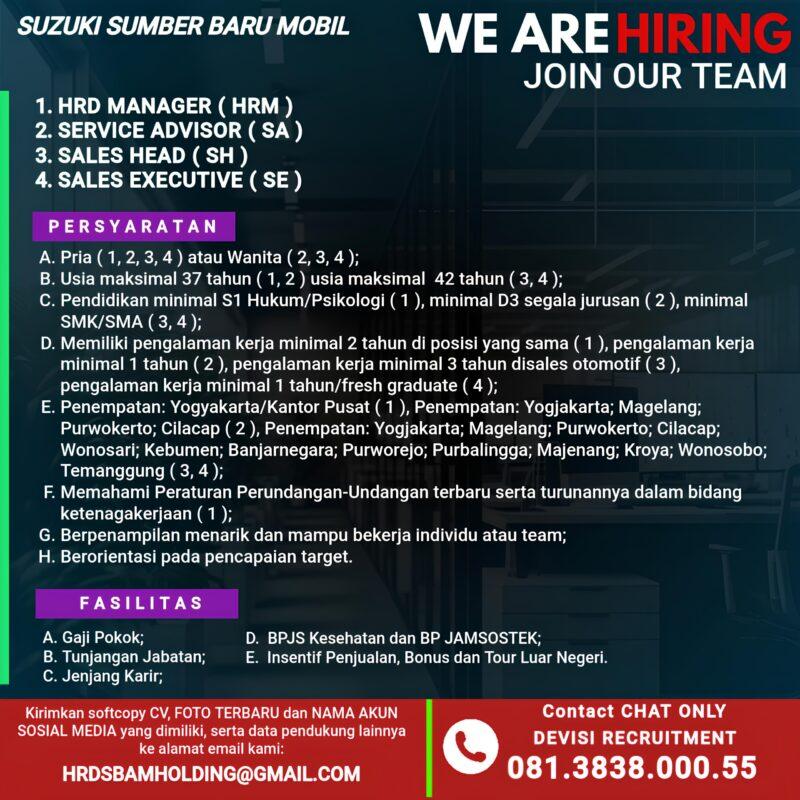 Lowongan Kerja Hrd Manager Service Advisor Sales Head Sales Executive Di Suzuki Sumber